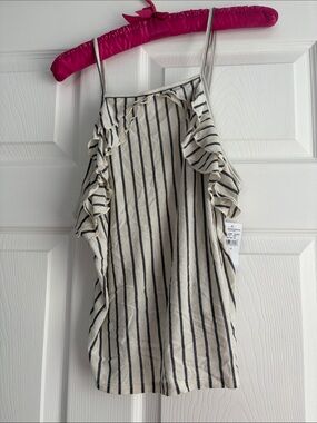 American Eagle Striped Ruffle Tank Top - Cream & Grey
